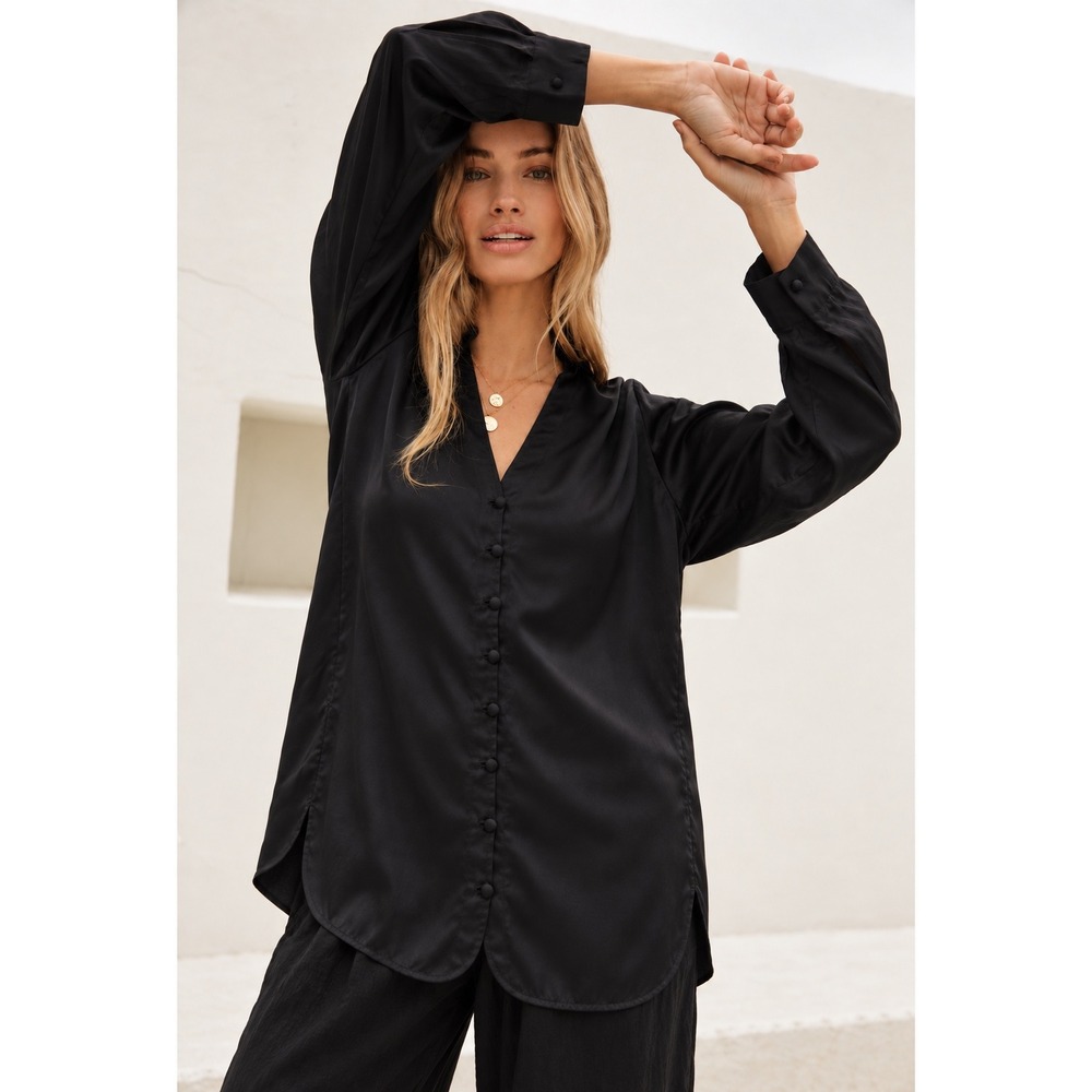 Silk Blouse Women 12 Black Excellent Collarless Button Down Top
